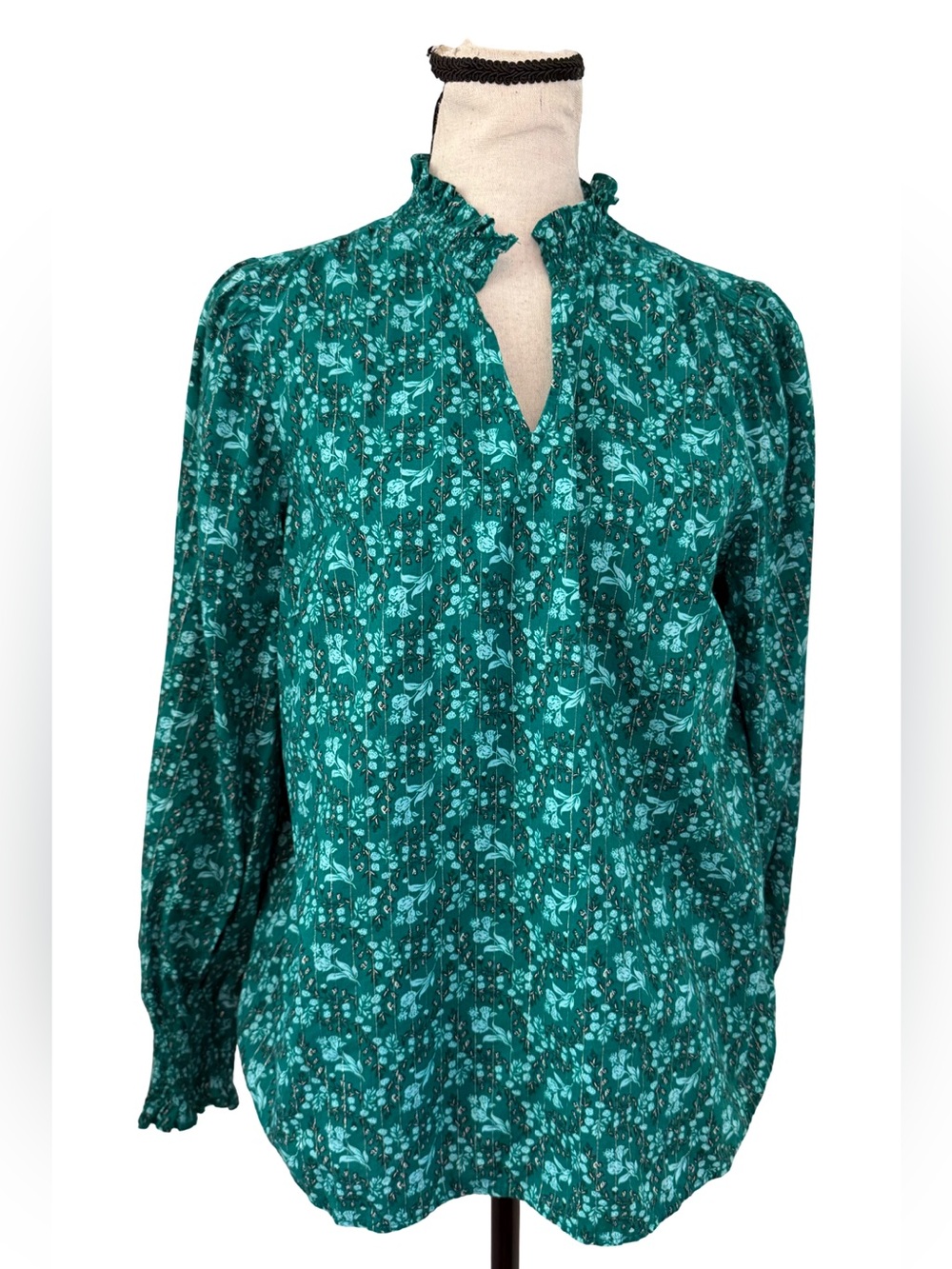Talbots Petite Medium Floral Blouse Teal Green Metallic Ruffle Neck Cotton